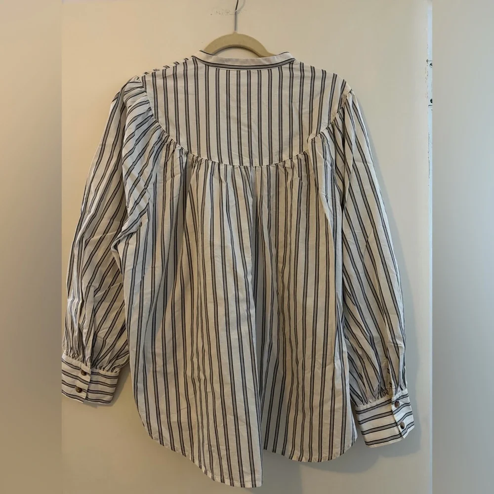 Striped White and Black Button-Up Peasant Blouse